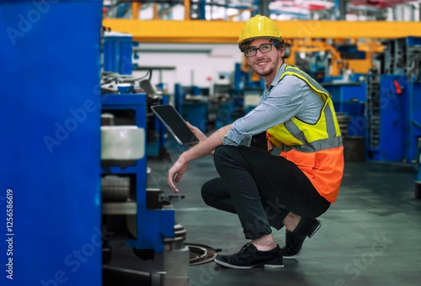 Fototapeta A worker in a warehouse maintaining machinery in a factory