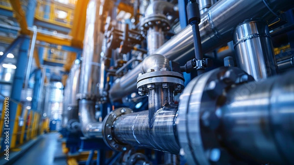 Fototapeta Close-up of chemical production machines, showcasing sleek metallic surfaces and pipes, creating an aura of strength and calmness in the clean environment. 