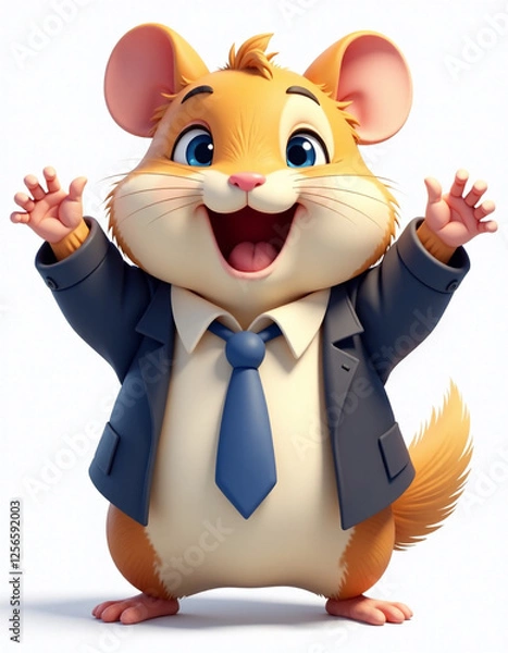 Obraz Handsome hamster with blue eyes in shirt with tie and jacket rejoices success on white background