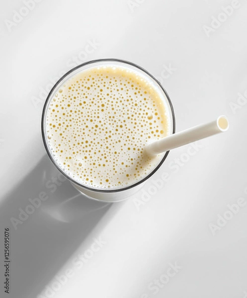 Fototapeta top view of A white nutritional vanilla shake . Clean and modern setup with natural lighting