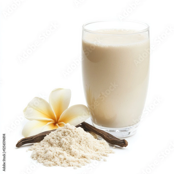 Fototapeta vanilla protein powder next to a glass of vanilla milk on a white background, vanilla flowers, high-resolution photo