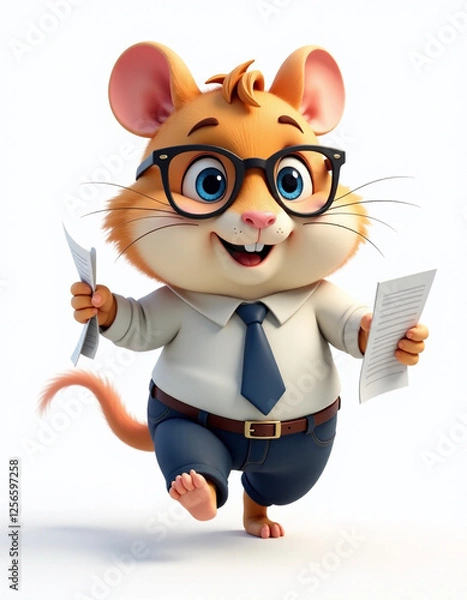 Obraz A handsome hamster runs to work with papers in his hands in a shirt with a tie and glasses on a white background