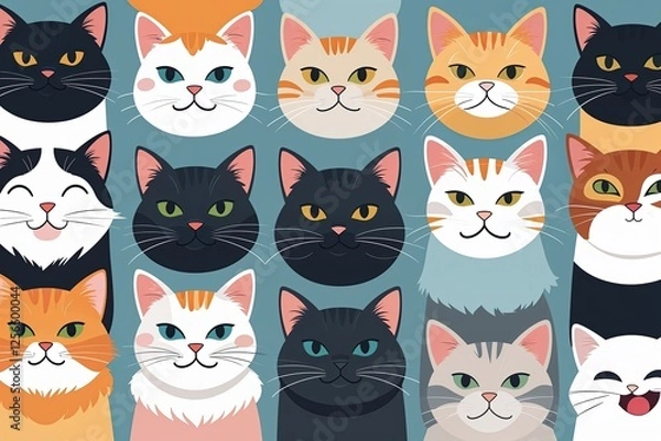 Fototapeta Charming Colorful Cat Head Cartoon Collection in Fun Flat Illustration Style