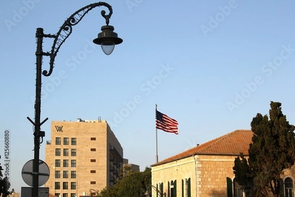 Obraz American Flag and Lamp Post