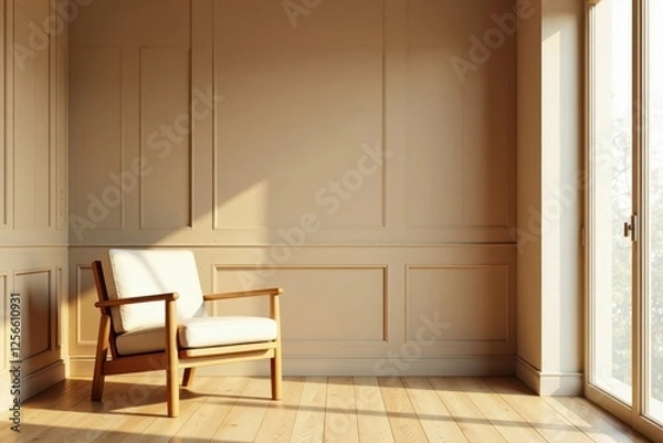 Fototapeta Beige room, wooden chair, wood paneling Cozy, calm interior , vintage, calm