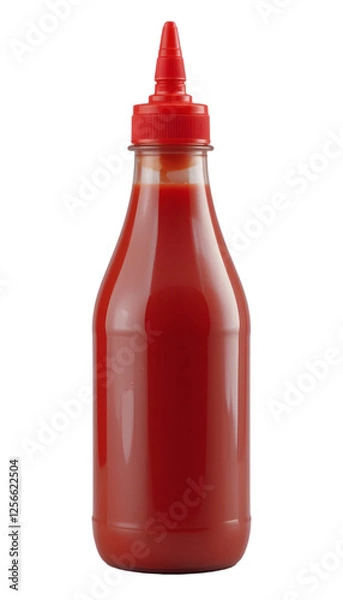 Fototapeta Red plastic ketchup bottle with no label, featuring a squeeze tip for easy dispensing, commonly used in kitchens and restaurants. Isolated on transparent backgroun