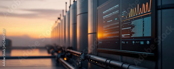 Fototapeta Futuristic hydrogen production facility with advanced technology and sunset. scene showcases sleek panels displaying data and graphs, emphasizing innovation and sustainability