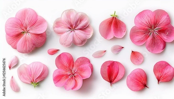 Fototapeta set of pink flowers and geranium petals floral isolated design element top view flat lay set of pink flowers and geranium petals floral isolated design element top view flat lay