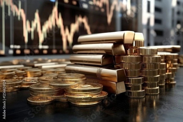 Fototapeta Stacked gold bar: coin display, exchange connection, chart observation, wealth accumulation, trading focus, economic insight, financial value, metal reflection, asset emphasis, monetary analysis.