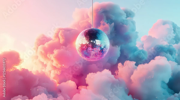 Fototapeta A disco ball hangs suspended in a dreamy, colorful sky filled with clouds.