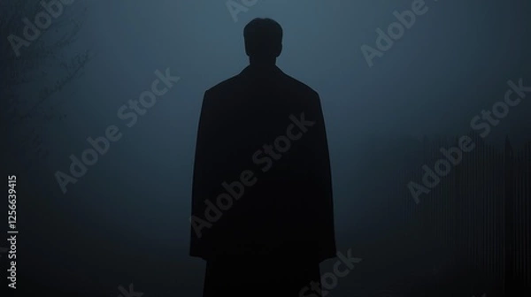 Fototapeta Solitary figure in foggy field, back view, mystery