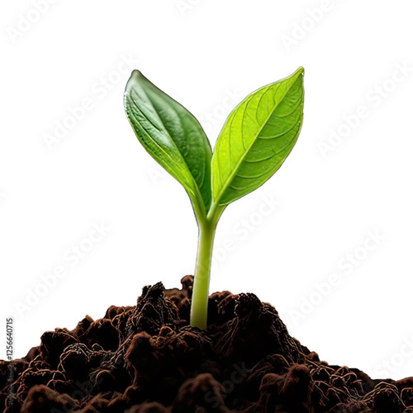 Obraz Growing plant with earth.They are on White background.New life concept.Small plants on the ground in spring.fresh,seed,Photo fresh and Agriculture concept idea. Generative Ai