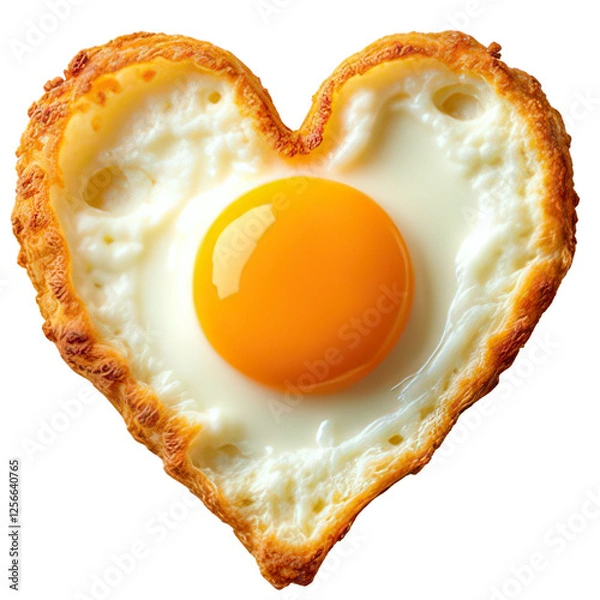 Obraz Heart-shaped sunny-side up egg with golden-yellow yolk centered in pristine white egg whites.making it ideal for Valentine's Day themed content, breakfast menus,Generative Ai