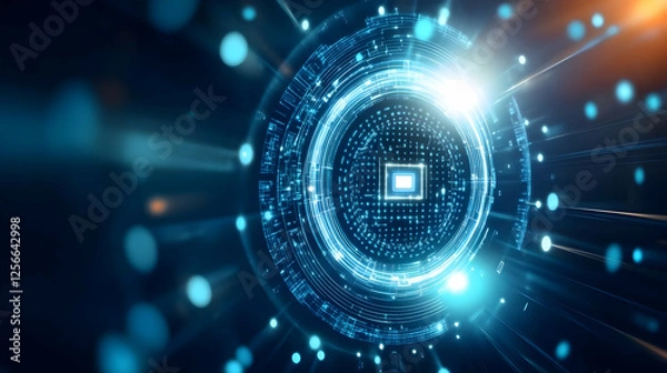 Fototapeta Abstract technology background with glowing circuit patterns and a central processing unit concept.