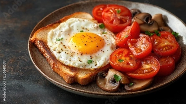 Fototapeta Delicious Fried Egg on Toast with Fresh Tomatoes and Mushrooms for a Hearty Breakfast in a Cozy Setting