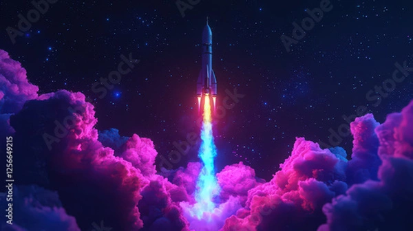 Fototapeta Rocket launching into vibrant purple and pink clouds at night, glowing with colorful flames.