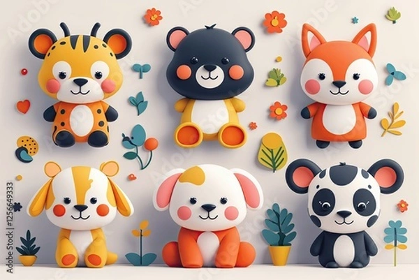 Obraz Delightful Children's Cartoon Icons Featuring Playful Animal Designs on Simple Backgrounds