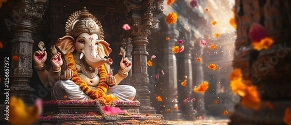 Fototapeta  Ganesh Statue in Indian Temple with Sacred Ornaments, Color Splashes, and Traditional Decor. Copy space. Generative AI