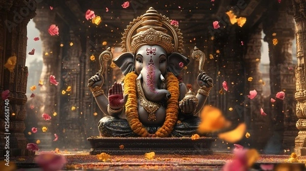 Fototapeta  Ganesh Statue in Indian Temple with Sacred Ornaments, Color Splashes, and Traditional Decor. Copy space. Generative AI
