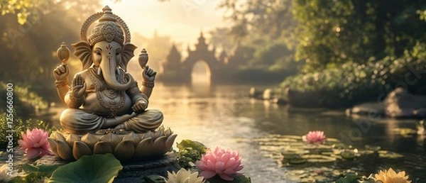 Fototapeta Ganesh Statue in Indian Landscape with Lotus Pedestal, Sunrise, and Floating Flower Offerings. Copy space. Generative AI