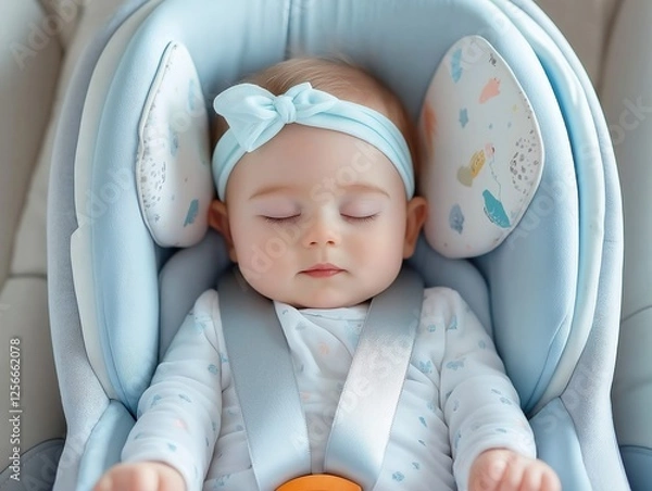 Fototapeta Peaceful baby in car seat with soft blue accessories, relaxing and safe journey for newborns and infants