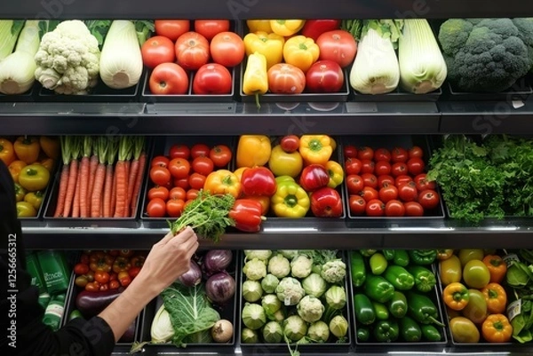 Obraz hand selecting fresh vegetables from a grocery display filled with colorful produce