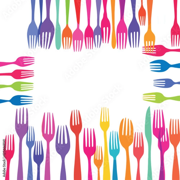 Fototapeta Vsai colorful forks and knives forming a border with copy space
