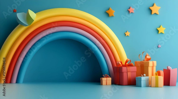 Fototapeta A vibrant rainbow and colorful gifts against a bright blue background, creating a joyful and playful atmosphere.