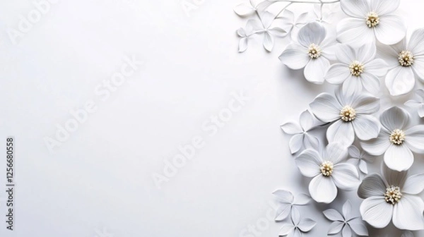Fototapeta White paper flowers arranged on white background with copy space