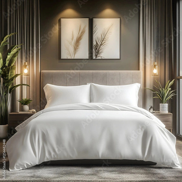 Fototapeta Elegant White Bedding Set Mockup with Plants and Wall Decor