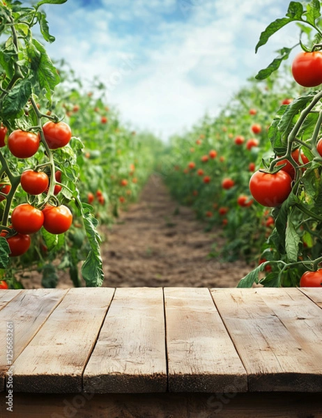 Fototapeta A vibrant farm scene featuring ripe, freshly harvested tomatoes displayed on a rustic wooden table, with lush green tomato fields stretching into the distance. 