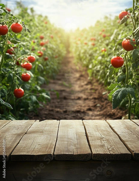Fototapeta A vibrant farm scene featuring ripe, freshly harvested tomatoes displayed on a rustic wooden table, with lush green tomato fields stretching into the distance. 