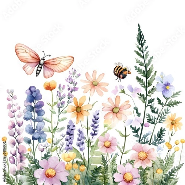 Obraz spring flowers bouquet, Wild flowers - watercolor painting - generative AI Generative AI