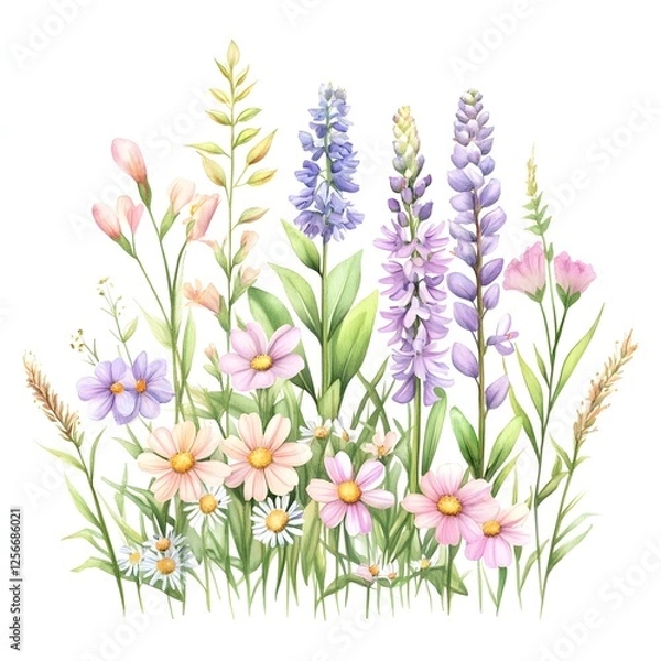 Obraz spring flowers bouquet, Wild flowers - watercolor painting - generative AI Generative AI