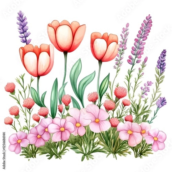 Obraz spring flowers bouquet, Wild flowers - watercolor painting - generative AI Generative AI