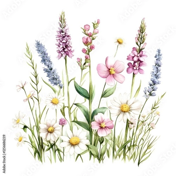 Obraz spring flowers bouquet, Wild flowers - watercolor painting - generative AI Generative AI	