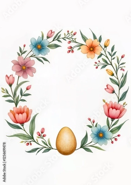 Fototapeta Vibrant Easter floral wreath with colorful egg and lush blossoms. Ideal for greeting cards, digital art, and festive compositions.