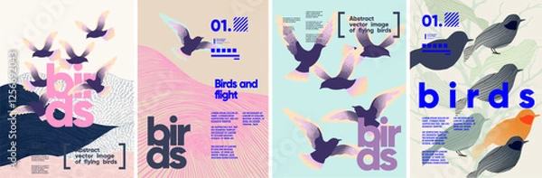 Obraz Birds. Vector abstract modern illustrations of birds in flight and sitting on tree for poster, flyer, brochure, cover or background