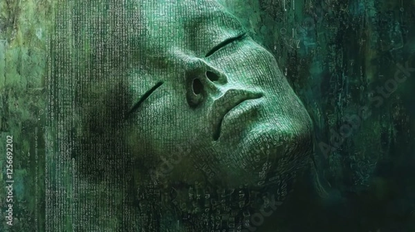 Fototapeta Ethereal Face Emerging from Digital Patterns and Green Light Effects