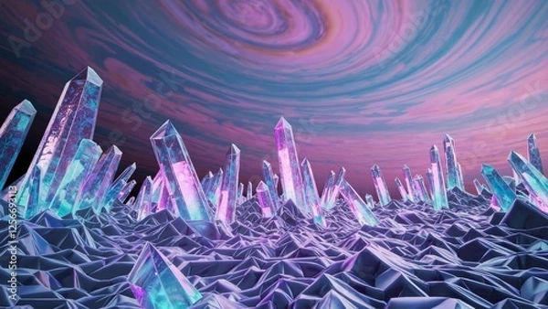 Fototapeta Futuristic landscape featuring vibrant, glowing crystals emerging from a geometric surface under a swirling, colorful cosmic sky, creating a mesmerizing and otherworldly atmosphere