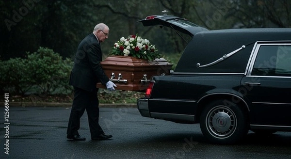 Obraz Funeral director loading a coffin into a black hearse