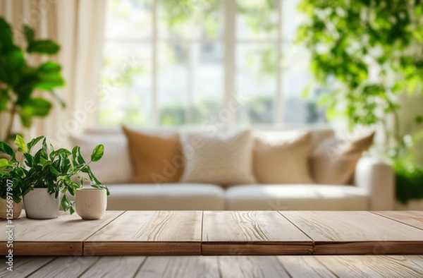Fototapeta A cozy and inviting modern living room featuring a wooden table in the foreground, adorned with fresh green plants in minimalist pots