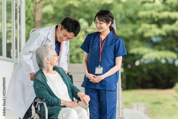 Fototapeta 病院・介護施設にいる車椅子に乗った高齢者と医師・看護師
