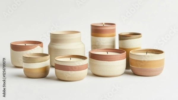 Fototapeta A minimalistic display of hand-poured soy candles in ceramic containers with a clean aesthetic. Copy space.