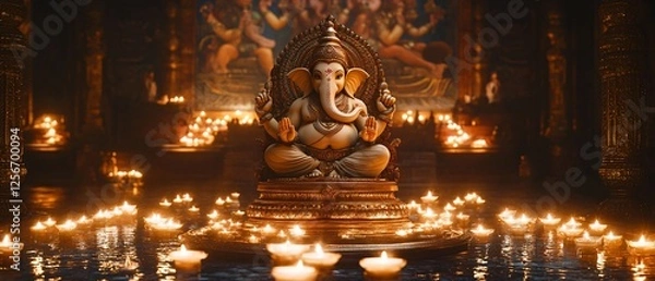 Fototapeta Ganesh Statue in a Sacred Indian Chamber with Gilded Walls, Divine Aura, and Floating Candle Offerings. Copy space. Generative AI