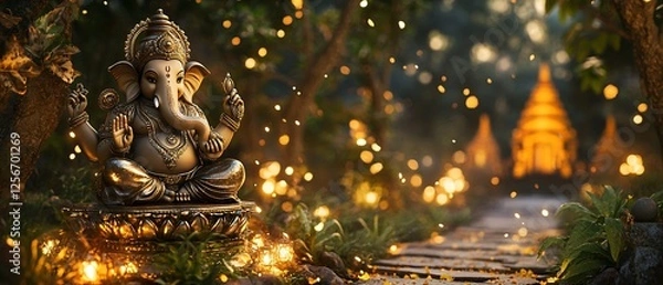 Fototapeta Ganesh Statue in a Moonlit Indian Garden with Golden Trees, Illuminated Pathways, and Celestial Glow. Copy space. Generative AI