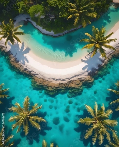Obraz A beautiful small island with lush green palm trees and pristine white sand, surrounded by crystal-clear turquoise waters, offering a dreamlike tropical escape
