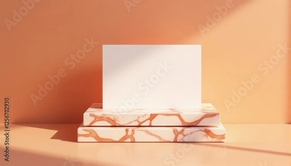 Fototapeta Modern mockup featuring two blank cards placed on marble-textured platforms against a warm peach-toned backdrop, highlighting geometric design and minimalist elegance.