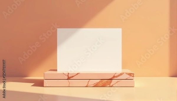 Fototapeta Blank card displayed on a layered marble-textured podium under warm ambient peach light, offering a clean, minimalist presentation perfect for modern design mockups.