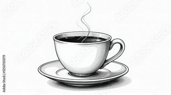 Fototapeta Black and white minimalist illustration of a hot coffee cup with steam rising, resting on a saucer, blending simplicity, elegance, and a classic cozy feel.